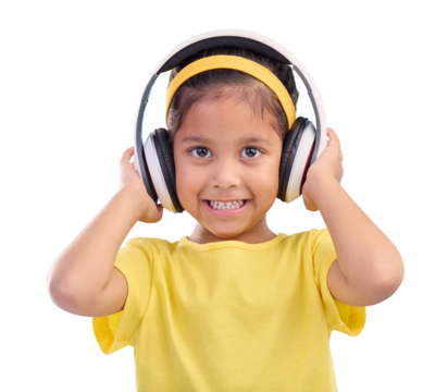 Girl, kid and headphones, music and portrait, happy with wireless technology isolated on png transparent background. Young female child, listening to radio and audio streaming with youth and smile