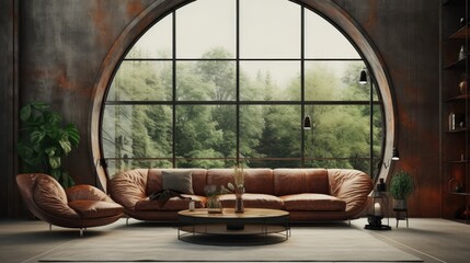 Living room in industrial style with big windows.