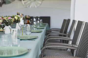 Empty glasses set in restaurant. Part of interior