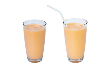 Lactic fermentation beverage color light orange sour taste or yogurt in two type glass tall with straw plastic. Fermented milk has vitamin B2. Isolated on cut out PNG. Lactobacillus acidophilus.