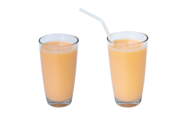 Lactic fermentation beverage color light orange sour taste or yogurt in two type glass tall with straw plastic. Fermented milk has vitamin B2. Isolated on cut out PNG. Lactobacillus acidophilus.
