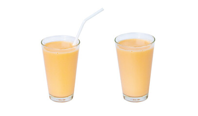 Lactic fermenting beverage color light orange sour taste or yogurt in two type glass tall with straw plastic isolated on cut out PNG. Lactobacillus acidophilus. Fermented milk has vitamin B2.