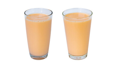 Lactic fermentation beverage color light orange sour or yogurt taste in round, two type glass tall isolated on cut out PNG. Lactobacillus acidophilus. Fermented milk vitamin B2 low cholesterol.