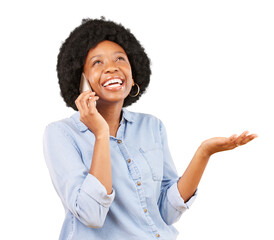 Happy, talking and black woman with a phone and hand gesture for communication or chat. Smartphone, question and african person isolated on transparent, png background for funny conversation or idea