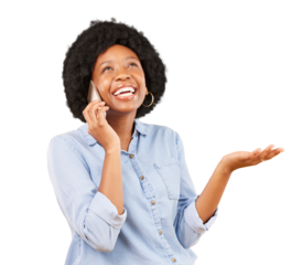 Happy, talking and black woman with a phone and hand gesture for communication or chat. Smartphone, question and african person isolated on transparent, png background for funny conversation or idea