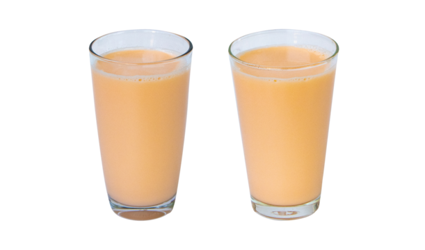 Lactic fermentation beverage color light orange sour or yogurt taste in round, two type glass tall isolated on cut out PNG. Lactobacillus acidophilus. Fermented milk vitamin B2 low cholesterol.