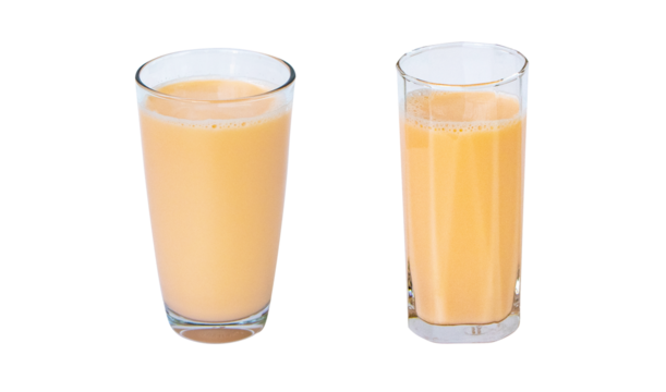 Lactic fermentation beverage color light orange sour or yogurt taste in round, square type glass tall isolated on cut out PNG. Lactobacillus acidophilus. Fermented milk vitamin B2 low cholesterol