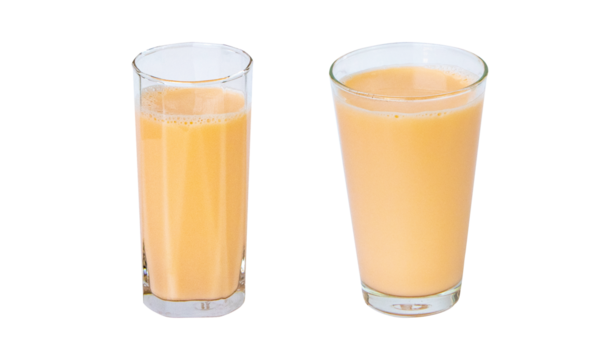 Lactic fermentation beverage color light orange sour or yogurt taste in round, square type glass tall isolated on cut out PNG. Fermented milk vitamin B2 low cholesterol Lactobacillus acidophilus.