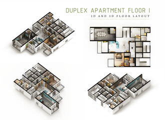 4 bedroom duplex apartment isometric view and 2d plan 3d rendering AI Generated
