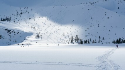 Majestic snow-covered mountain seen through a path with tracks on a sunny day