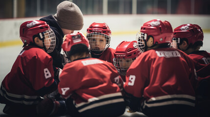 A group of baby hockey players huddles around their coach, attentively listening to instructions. The coach uses simple and fun techniques to teach them the basics of the game