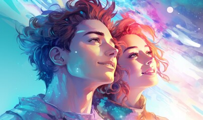 Obraz premium Loving Couple Embracing in Vibrant Sketch Style