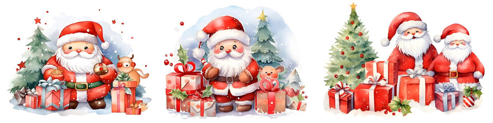 Set of cute Santa Claus, christmas tree and gift box for merry christmas celebration on white background. Watercolor illustration background, Generative AI