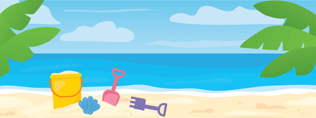 summer banner with children sand toys and palm leaves on the tropical beach - vector illustration