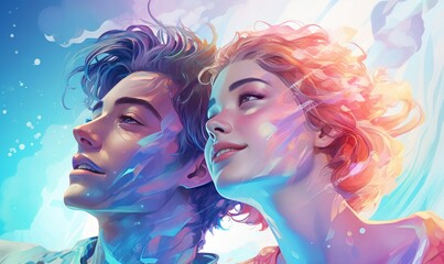 Loving Couple Embracing in Vibrant Sketch Style