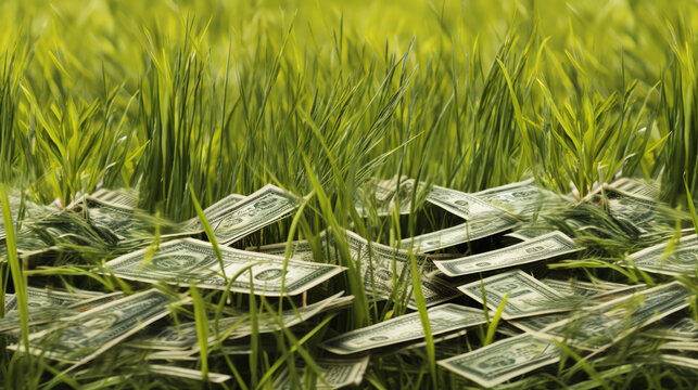 Concept of Money growing on green Grass. AI Generative