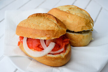 Fischbrotchen or Fish Sandwich with Saithe Smoked Salmon Substitute or Lachsersatz made from Pollack