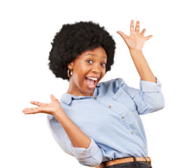 Surprise, excited and portrait of black woman isolated on transparent png background with energy. Winner, celebration and wow of happy female model celebrate deal, success or cheers for discount news