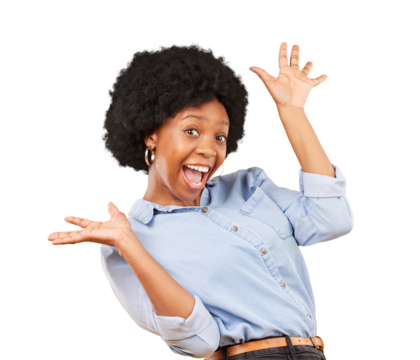 Surprise, excited and portrait of black woman isolated on transparent png background with energy. Winner, celebration and wow of happy female model celebrate deal, success or cheers for discount news