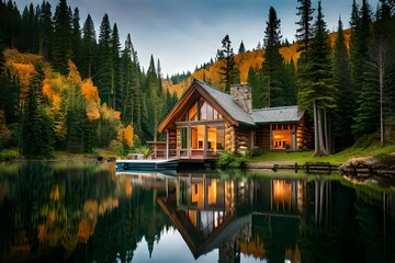 Reflection of the house in the lake hidden in the trees by the Lake Ohara in Canada . - Powered by Adobe