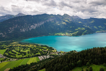 view over Lake Thun and Interlaken West on a cloudy summer day