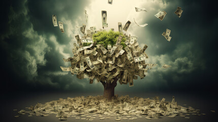 Concept of Money growing on Tree. AI Generative