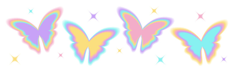 Y2k blurry gradient butterfly shape with sparkle or stars. Pastel holographic aura elements, aesthetic retro shapes with blur effect. Isolated vector illustration of 90s-2000s psychedelic style.
