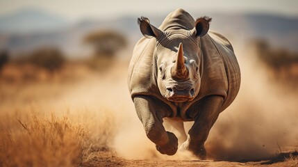 A rhino grazes in an open field