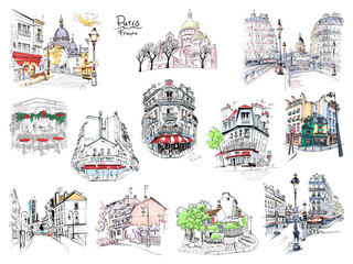 Set of color vector typical parisain landmarks, house, cafe and lanterns, Paris, France. - obrazy, fototapety, plakaty
