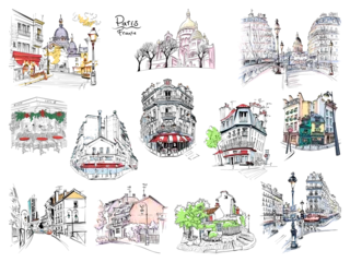 Foto op Plexiglas Set of color vector typical parisain landmarks, house, cafe and lanterns, Paris, France. © Kavalenkava
