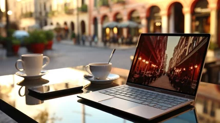 Rollo outdoor workspace desktop with laptop and coffee cup and old vintage city at background.   © ANEK