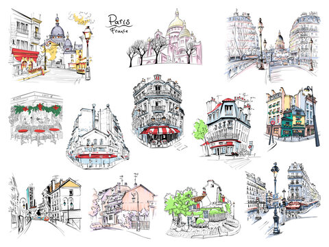 Set of color vector typical parisain landmarks, house, cafe and lanterns, Paris, France.