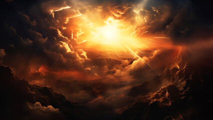 "In the beginning God created the heavens and the earth" Genesis 1:1. Stormy sky with clouds and sun rays