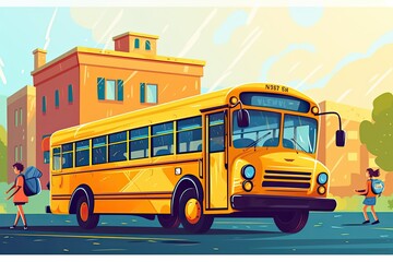 Yellow school bus on road, Back to school concept - obrazy, fototapety, plakaty