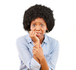 Black woman, portrait and biting nails, fear and anxiety with crisis isolated on png transparent png background. Nervous, scared and mindset, African female person with stress and terror with trauma