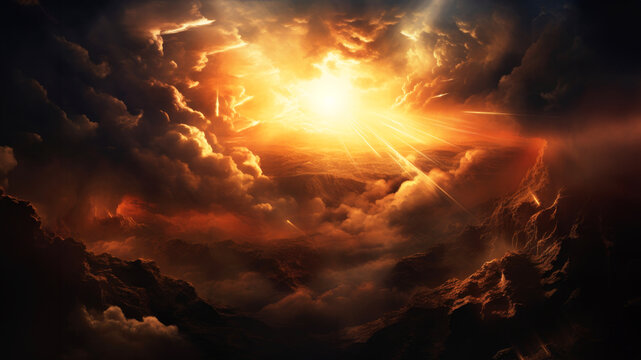 "In the beginning God created the heavens and the earth" Genesis 1:1. Stormy sky with clouds and sun rays
