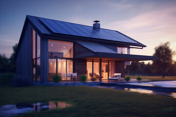 Naklejka premium architecture design power eco solar house panel energy modern home. Generative AI.