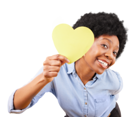 Portrait, paper heart and black woman for love, affection and isolated on transparent png background. Face of female model smile for emoji sign, shape and icon for romance, kindness or valentines day