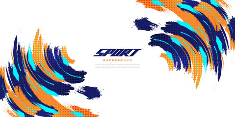 Abstract and Colorful Brush Background with Halftone Effect. Sport Banner Dominated with Blue and Orange Color. Brush Stroke Illustration. Scratch and Texture Elements For Design