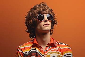 Groovy 1970s Teenage Boy with Sunglasses on a Solid Background with Space for Copy	