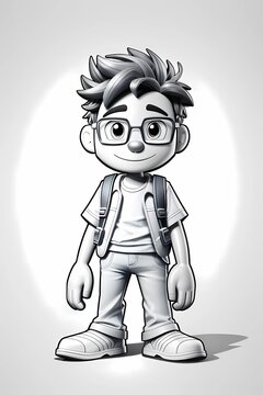 Coloring page, coloring book ,portrait of a boy , boy with glasses , white background ,cartoon person
