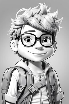 Coloring page, coloring book ,portrait of a boy , boy with glasses , white background ,cartoon person