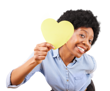 Portrait, paper heart and black woman for love, affection and isolated on transparent png background. Face of female model smile for emoji sign, shape and icon for romance, kindness or valentines day