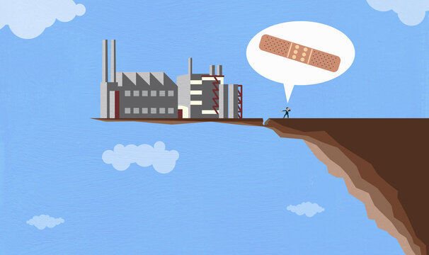 Businessman asking for sticking plaster to prevent industry breaking off cliff