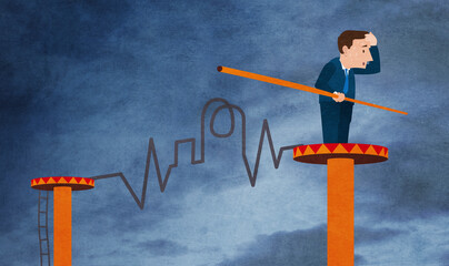 Businessman sweating after crossing irregular tightrope