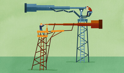 Two men looking in opposite directions through separate telescopes