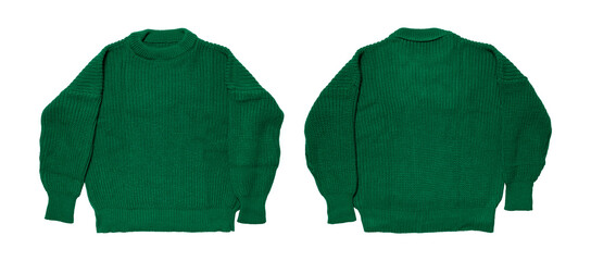 Green knitted sweater isolated on white background. Warm cotton woolen knitted sweater, clothes,...