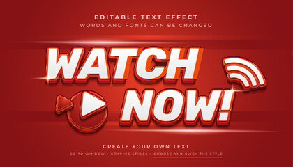 Vector Editable 3D shiny red text effect. Watch now streaming graphic style on red background