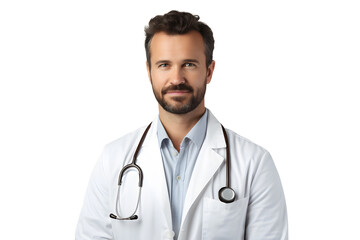 Portrait of smiling male doctor isolated transparent background.