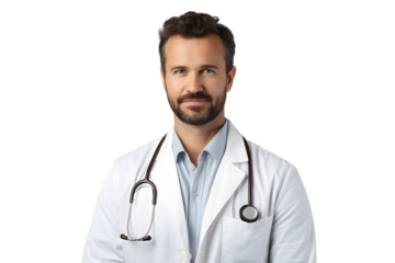Portrait of smiling male doctor isolated transparent background.